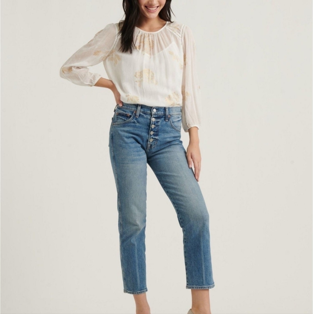 Lucky Brand Scoop Neck‎ Piper Pullover Top Sheer Gold Floral Medium